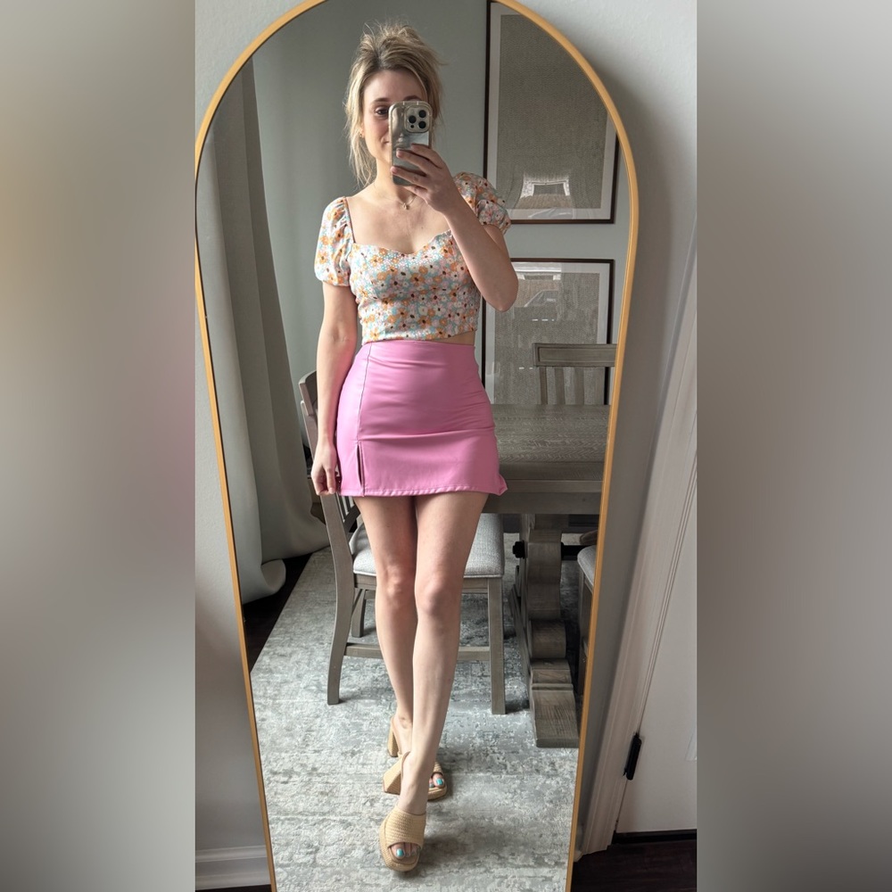 Pink Faux Leather Stretchy Mini Skirt - Picture 8 of 13